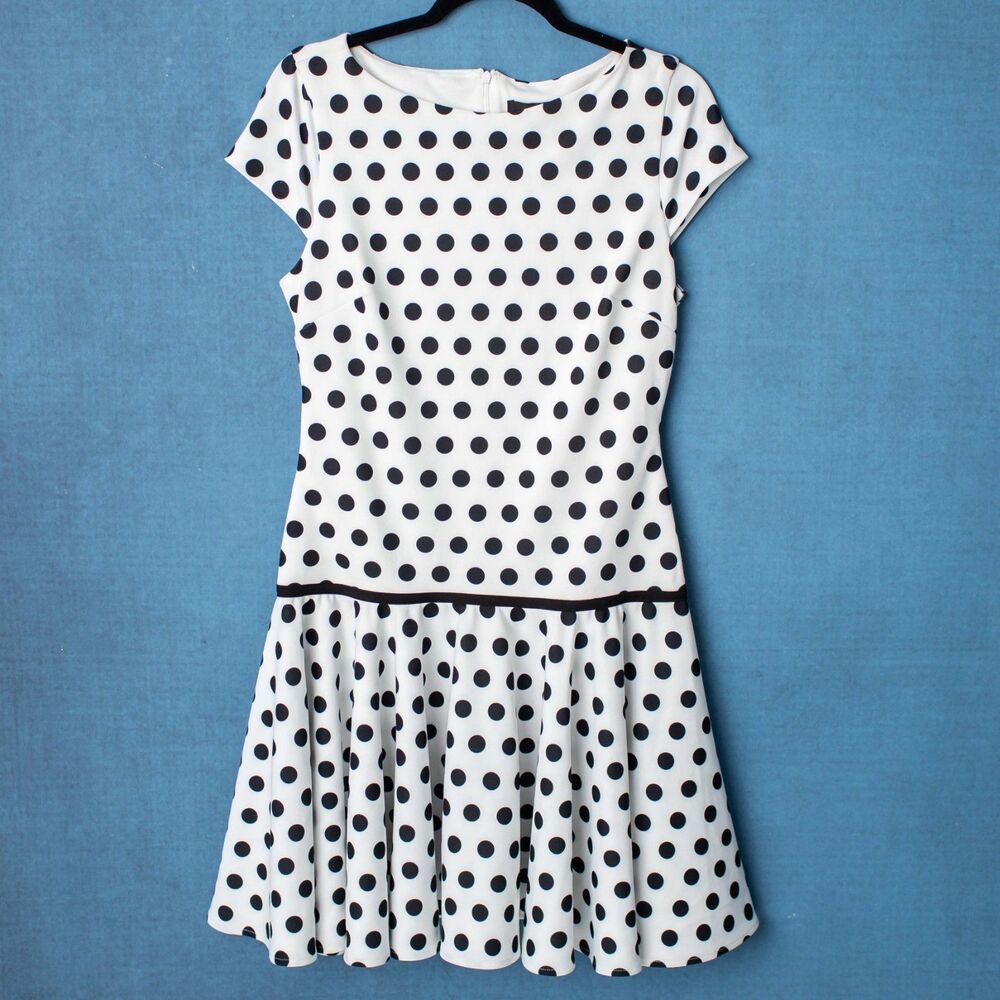 Alexia Admor Women's Small Black White Polka Dot Drop Waist Fit Flare Dress